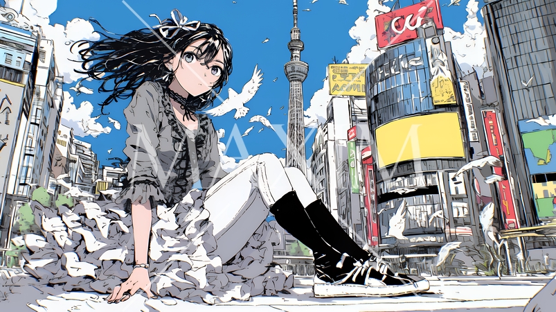 ハロウィン：ゴシックロリータファッションで町を歩く若い女性