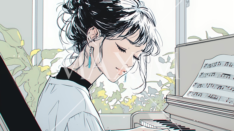 ピアノを弾いている若い女性