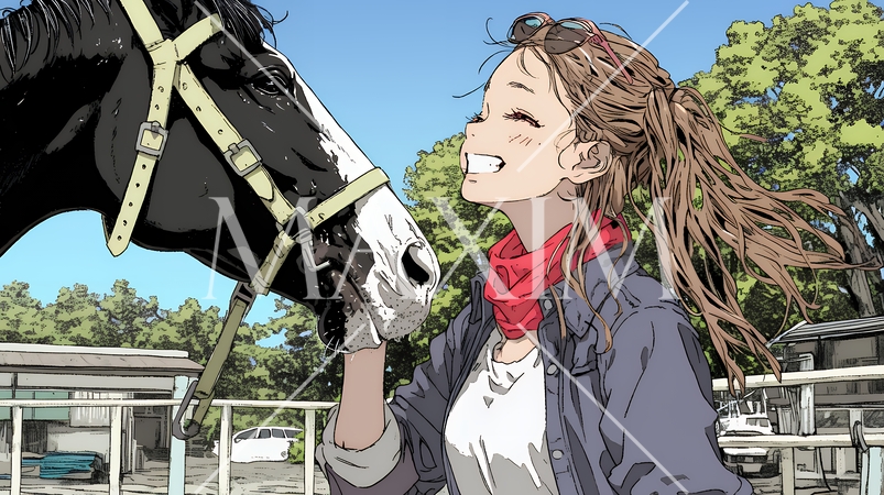 馬の世話をしている若い女性