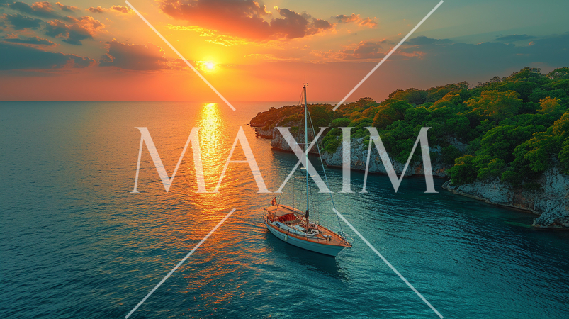 南洋の孤島とヨットと夕日：精緻CG