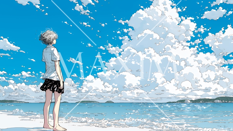 夏の海と入道雲と若い女性