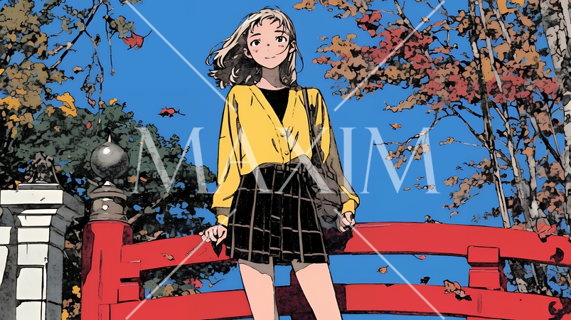 秋の景色：若い女性と紅葉と山道に続く朱色の太鼓橋の欄干