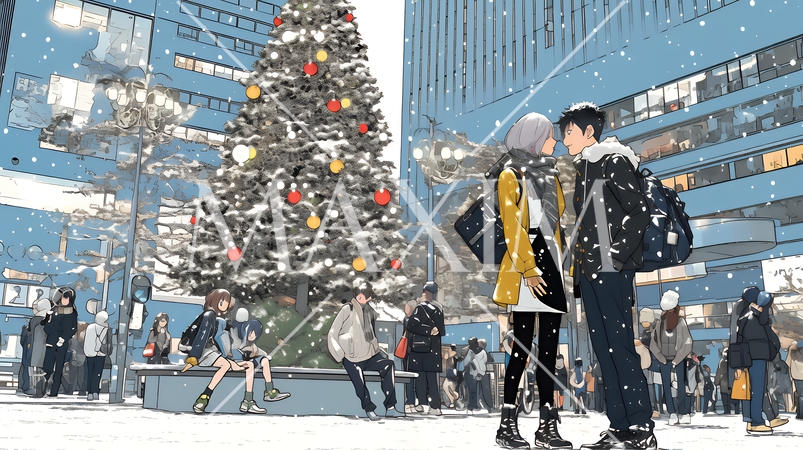 クリスマスイルミネーションが美しい街を散策する若い女性