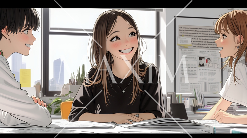 積極的な会話の多いポジティブな職場：社員たちが互いに積極的な意見を交わしている