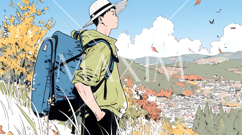 秋の野山をハイキングしている若い男性