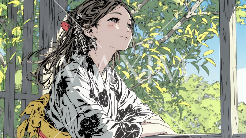 浴衣姿で夕涼みをしている若い女性