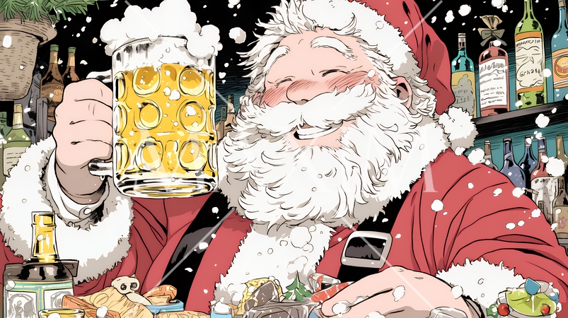 豪快にビールを飲んでいるサンタクロース