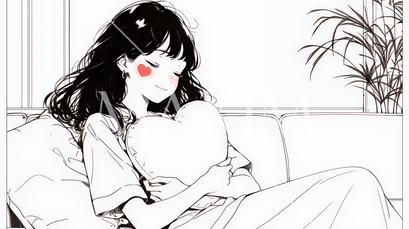 ソファでクッションを抱えてくつろぐ若い女性（シンプルな色使い）