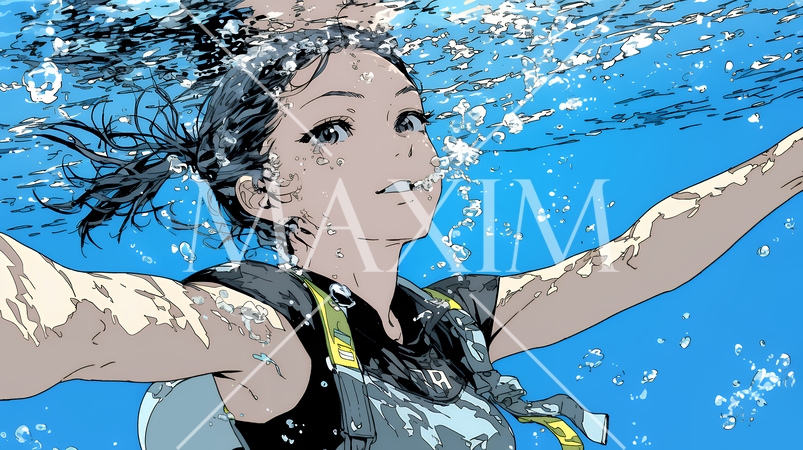 海で泳いでいる若い女性