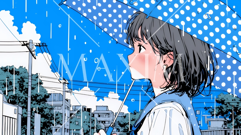 雨の日に傘をさして歩く若い女性