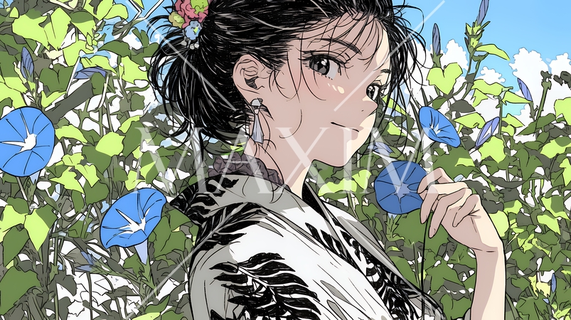 アサガオと浴衣姿の若い女性