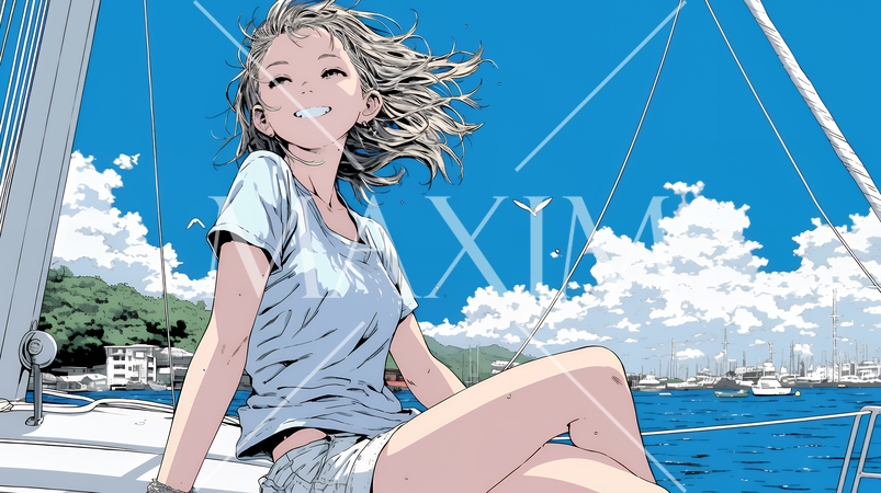 ヨットに乗っている若い女性