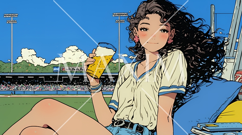 野球などの屋外スポーツを観戦しながら、ビールを楽しむ若い女性。