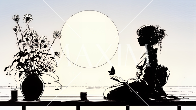 月見をしている和服姿の若い女性（シンプルな色使い）