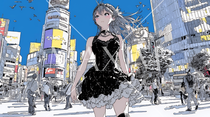 ゴシックロリータファッションで東京の町を歩く若い女性