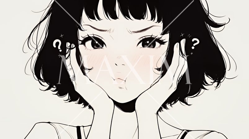 クエスチョンマークのある場面：頭の中にクエスチョンマークが生まれている（シンプルな色使い）