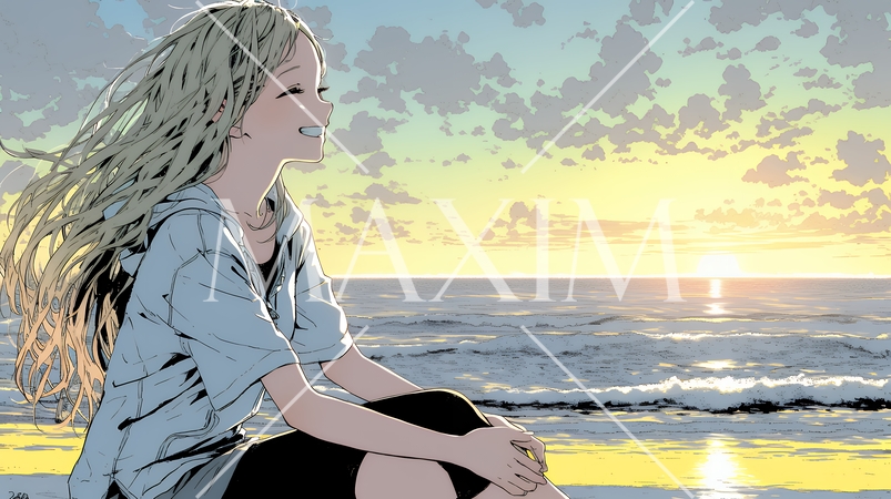 のんびり・ゆったり：夏のビーチで夕日を眺める若い女性