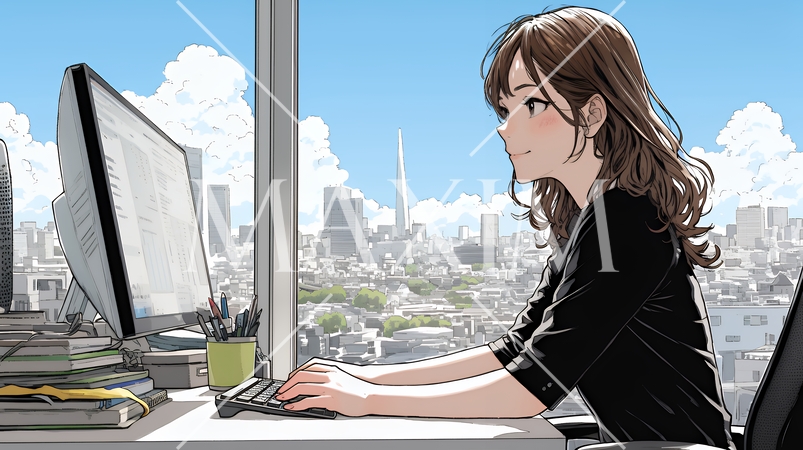 職場のデスクでパソコンに向かって仕事をしているビジネスウーマン