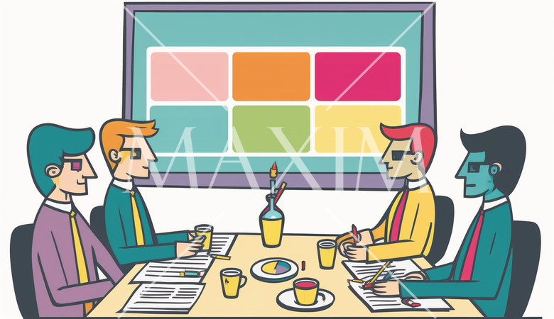 ビジネスストラテジー会議を開いている様子：戦略会議、企業のビジョン設定。