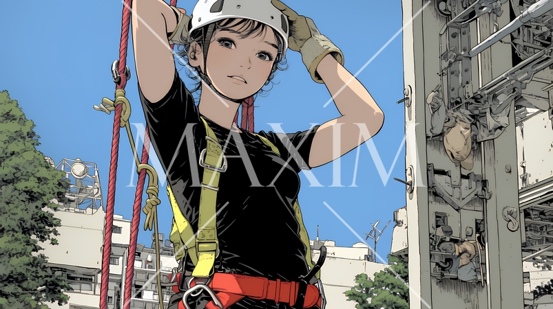 高所で作業をしている女性作業員