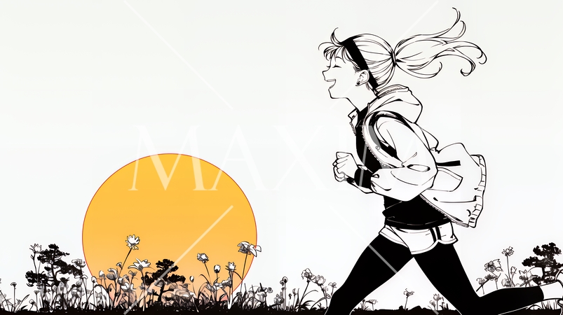 夕日を背景にジョギングをする若い女性（シンプルな色使い）