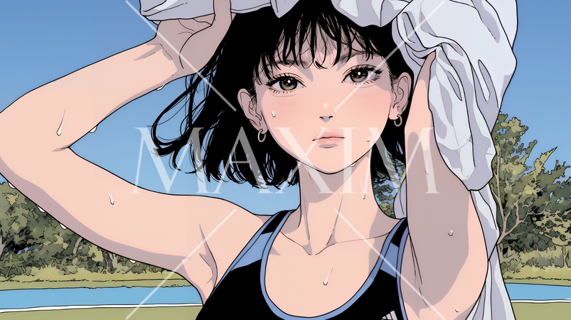 汗を拭っている若い女性