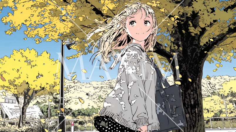 色づいたイチョウの木の下を歩く若い女性