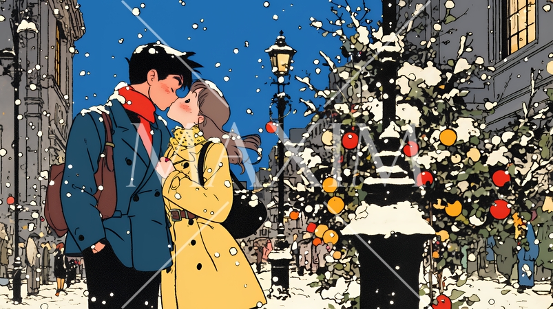 クリスマスイルミネーションの街でデートしているカップル