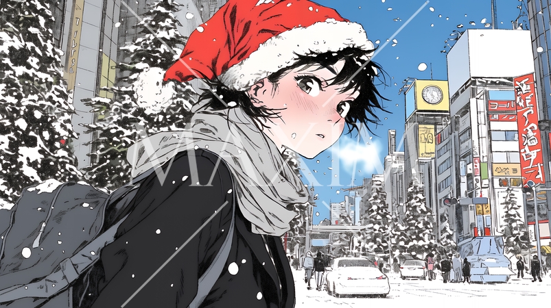 ホワイトクリスマスの街を歩く若い女性