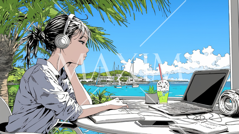 トロピカルリゾートに来ているのにPCを手放せない若い女性