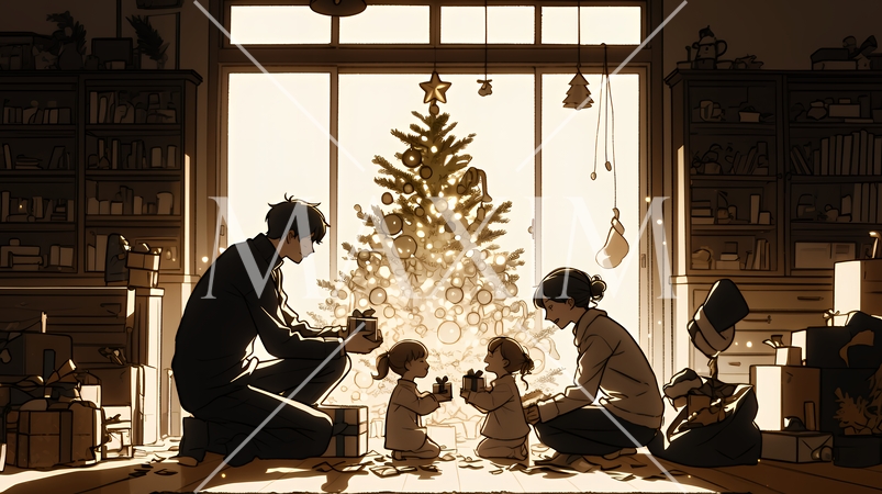 仲良し親子の楽しいクリスマス（シンプルな色使い）