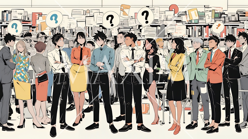 数人のビジネスパーソンが腕組みをして疑問を抱いた顔をしている