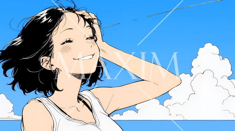 一人旅の若い女性と夏のビーチの風景（シンプルな色使い）