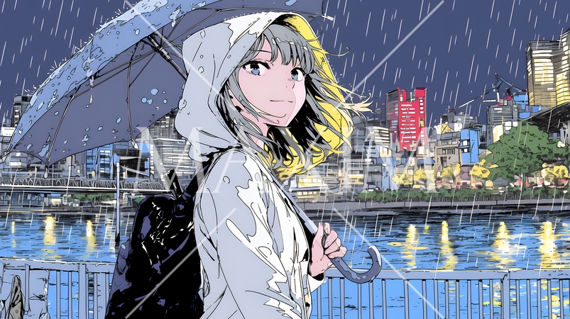 雨の中を歩く女性と都会のランドスケープ