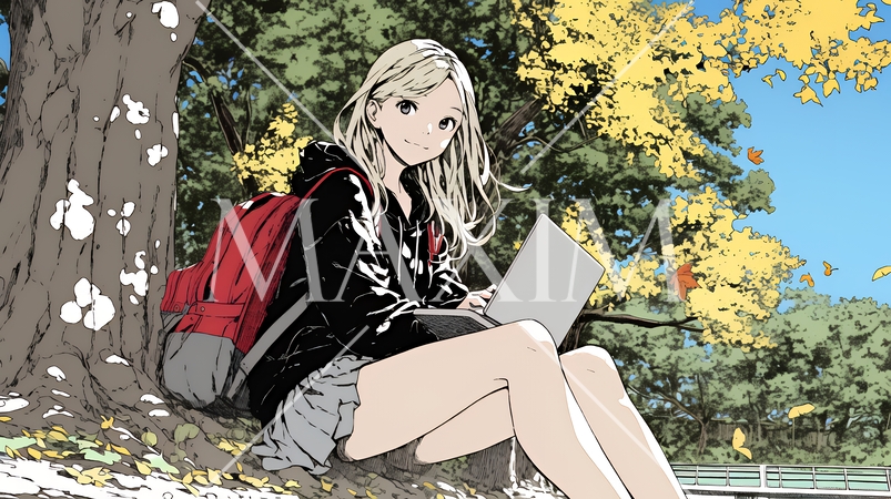 美しい紅葉の中でもPCを手放せない若い女性