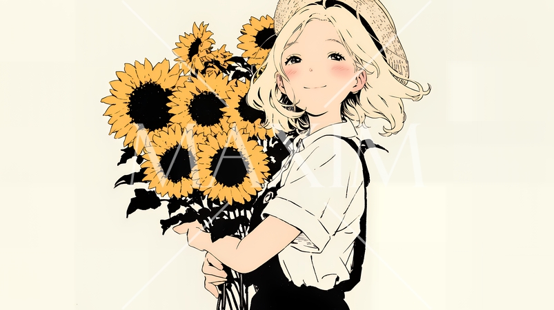 ひまわりと女性（シンプルな色使い）