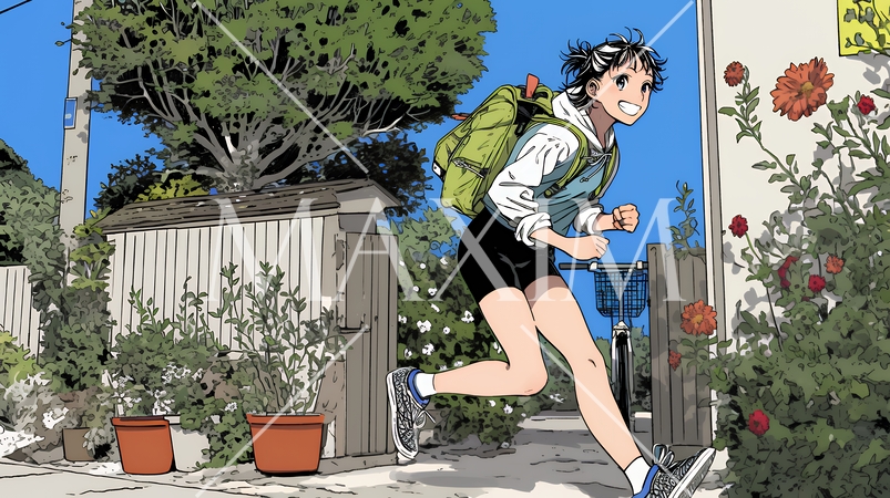 学校に遅れそうで道を急いでいる女子高生