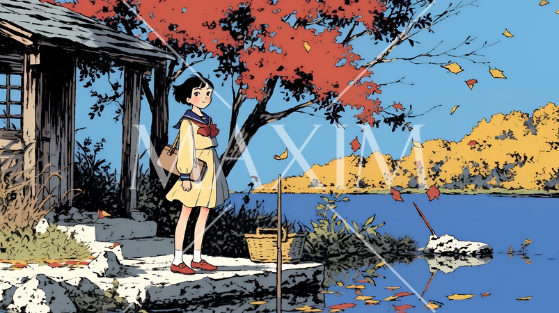 水辺の紅葉の小径を散策している若い女性