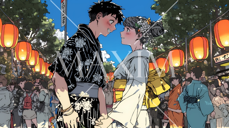 縁日屋台が立ち並び、賑わいを見せる祭りの夜