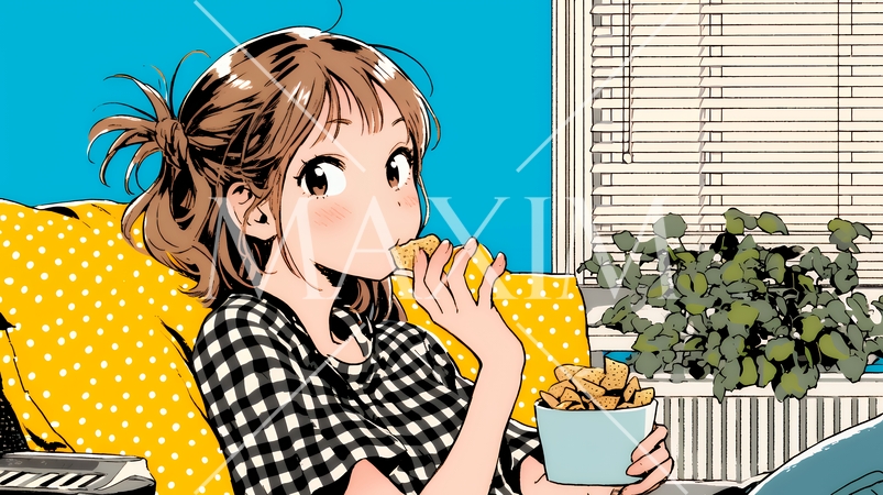 ポテトチップスをつまみながら、ひとりでビデオを観る若い女性