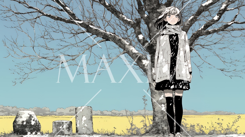 冬枯れの郊外の道を歩く若い女性