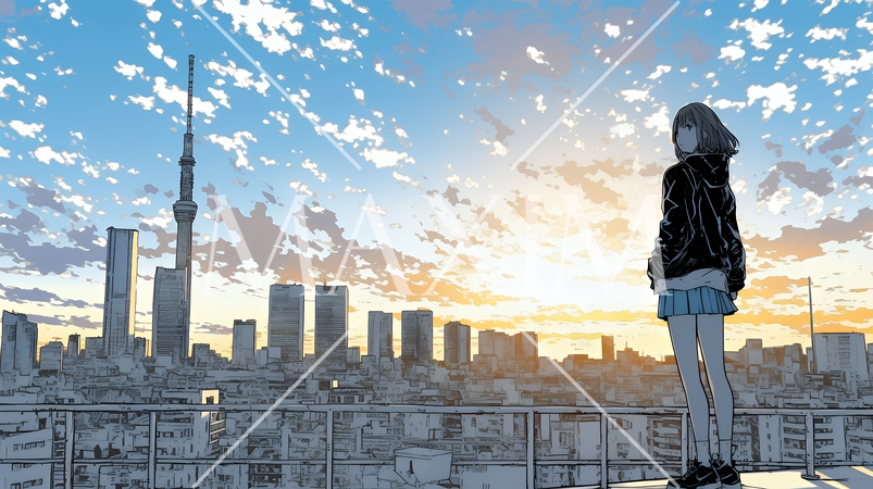 夕暮れ（朝の）都市のランドスケープを眺めている若い女性