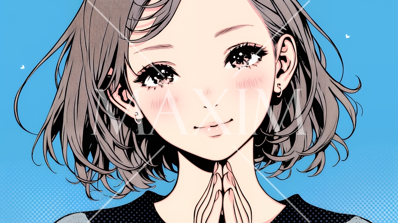 にっこり笑って手を合わせて「お願い」と甘える若い女性