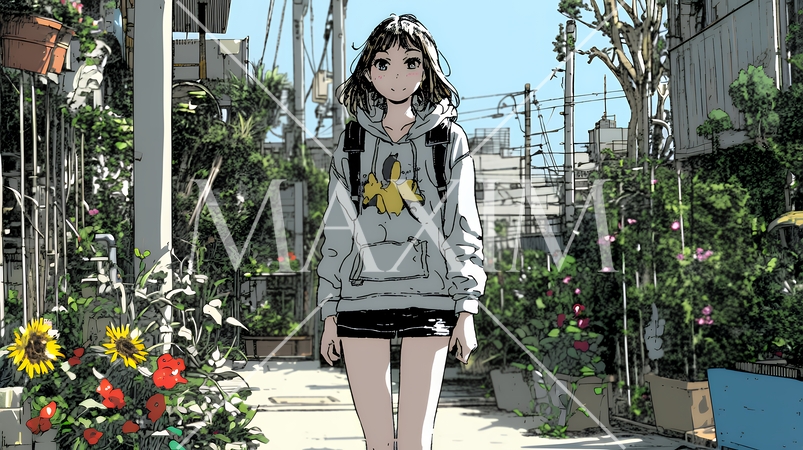 休みの日、自宅の近所を散歩している若い女性