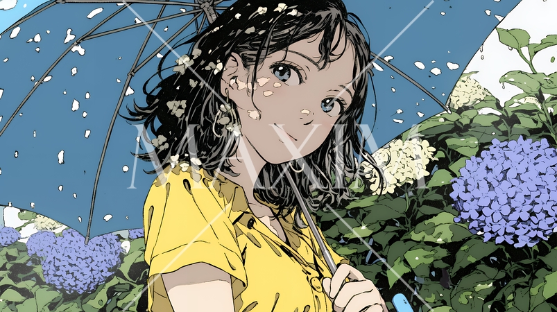 アジサイと梅雨の長雨と若い女性