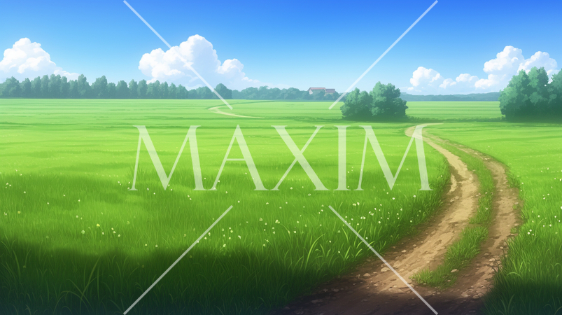 轍の残る草原と夏の青空