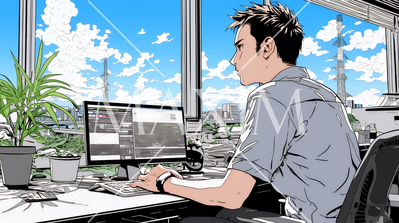 職場のデスクでパソコンに向かって仕事をしているビジネスマン