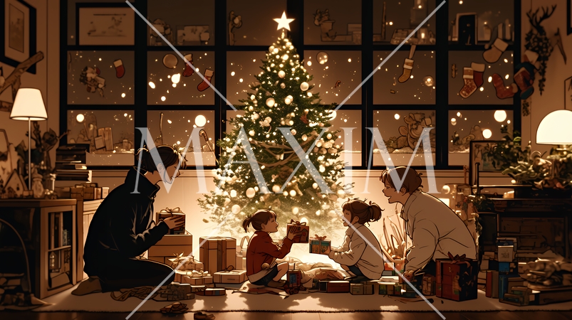 仲良し親子の楽しいクリスマス（シンプルな色使い）