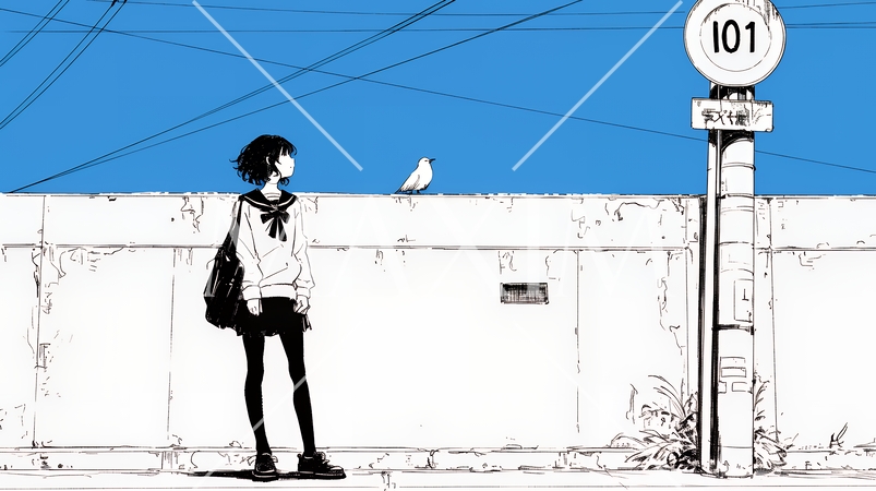 若い女性が佇む都市の街角（シンプルな色使い）