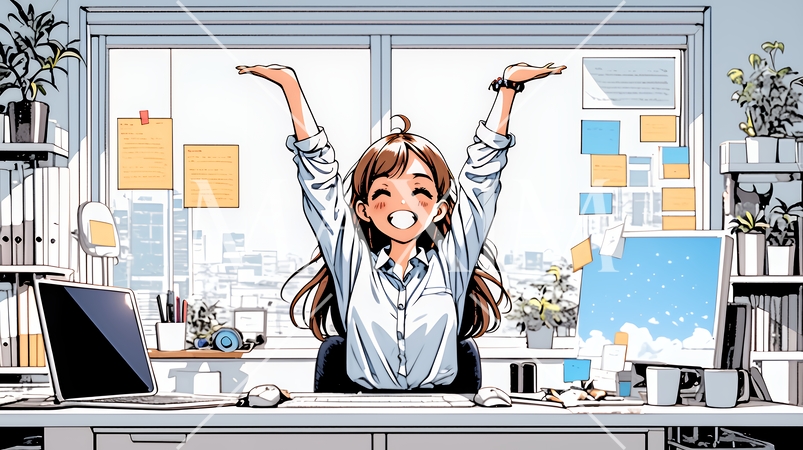 仕事の合間にストレッチ（伸び）をする女性